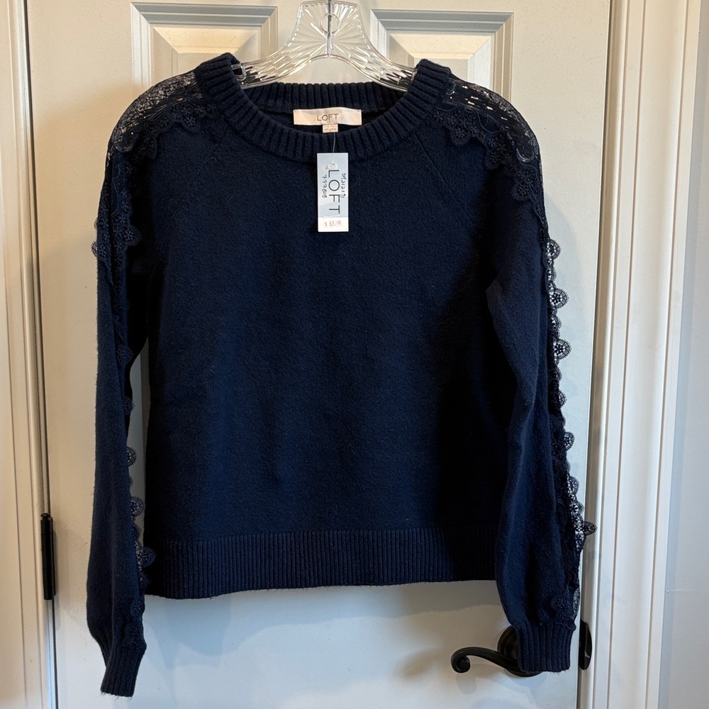 NWT Loft Navy Blue Lace Long Sleeve Sweater XS